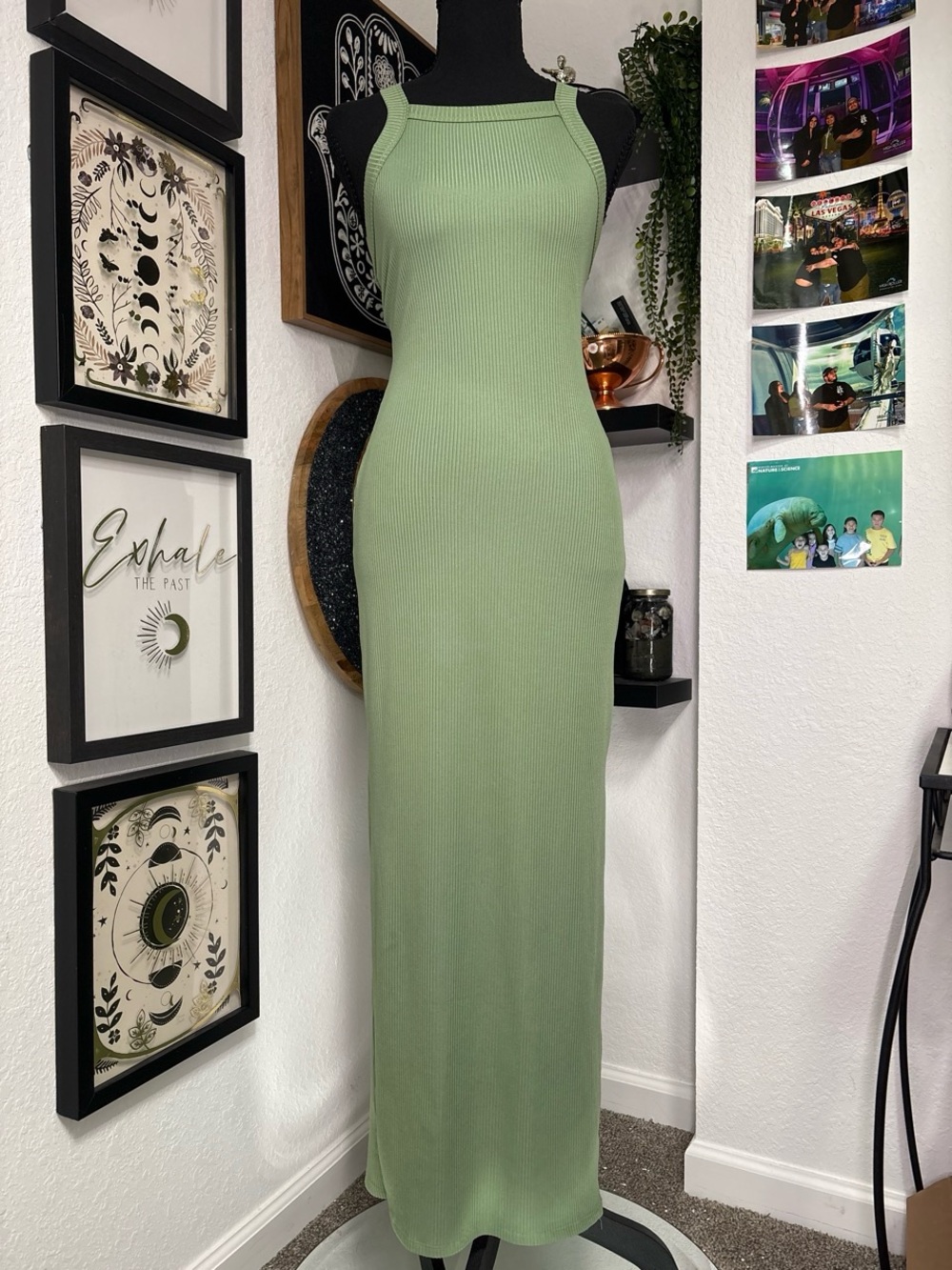 Heart & Hips sage green ribbed bodycon maxi dress sleeveless scoop back size L